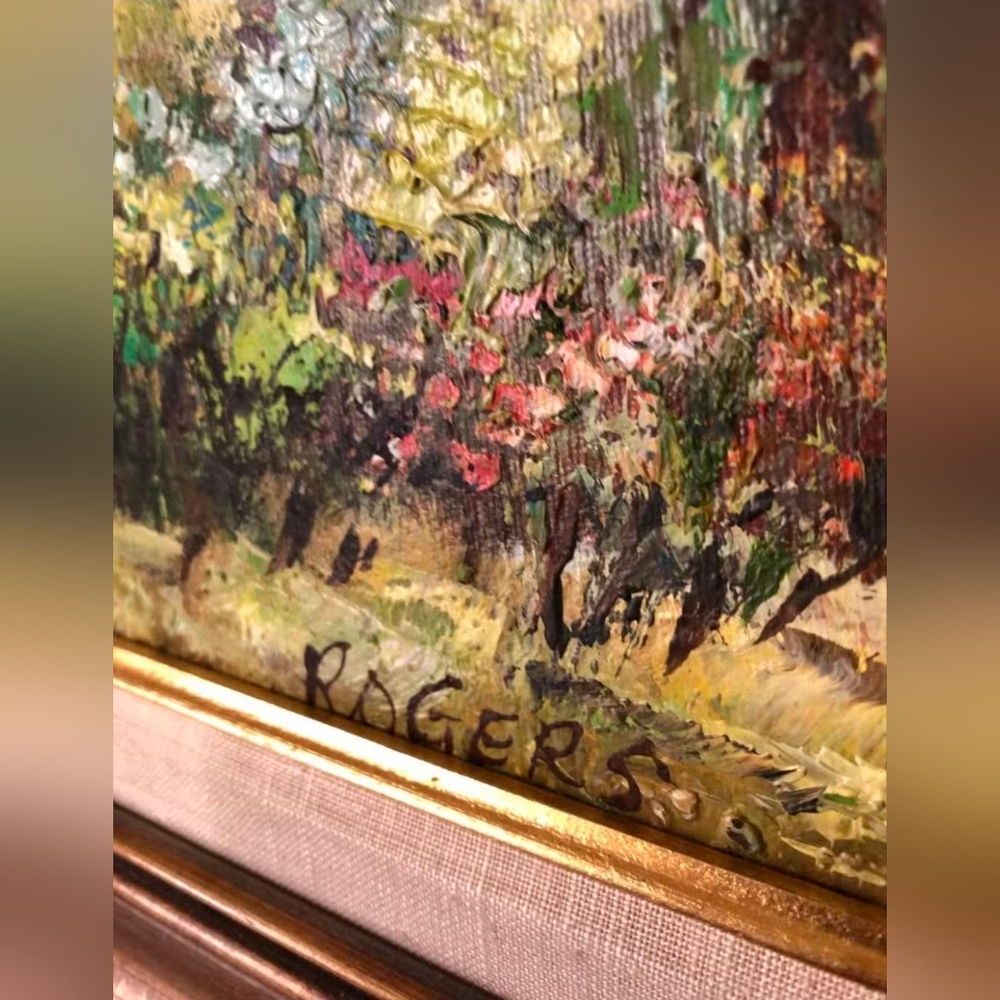 Vintage Signed Rogers Oil Painting | Wildflower Meadow Framed 40x24 - Picture 4 of 12